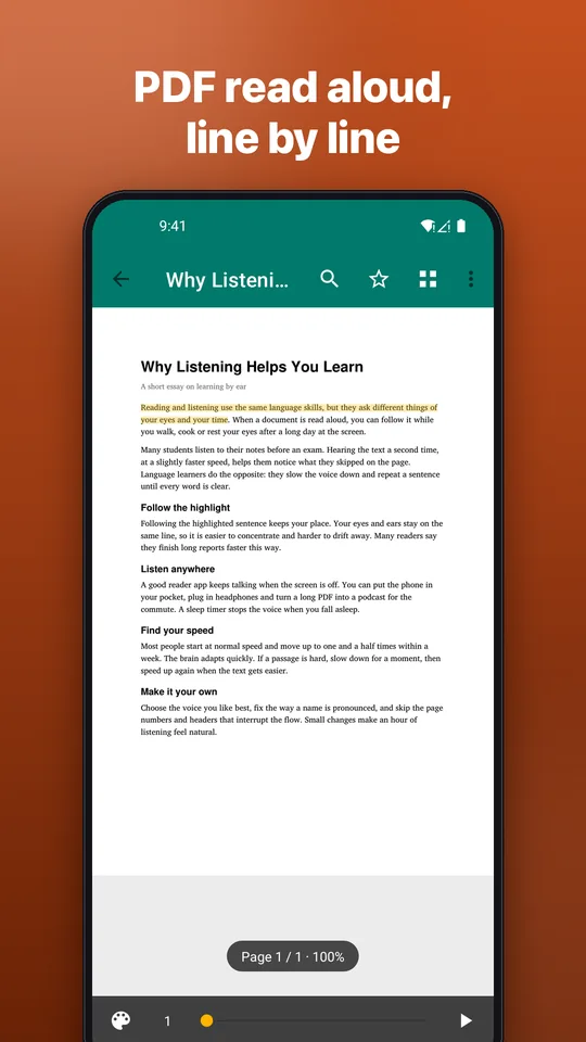Screenshot: PDF read aloud, line by line