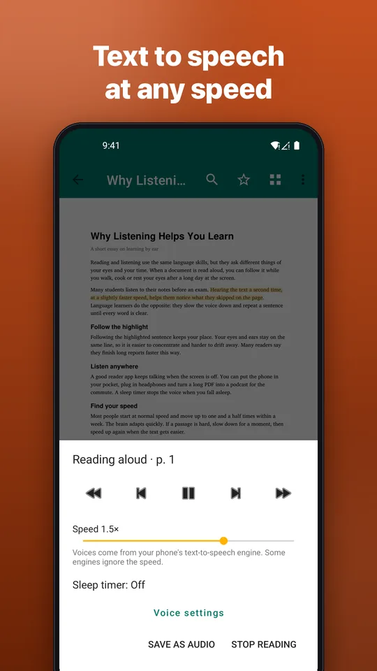 Screenshot: Text to speech at any speed