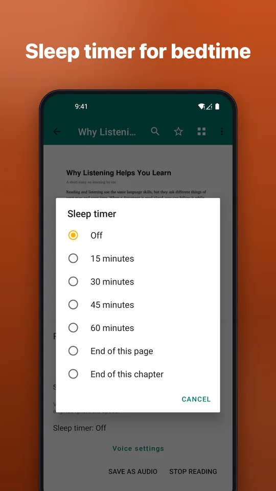 Screenshot: Sleep timer for bedtime